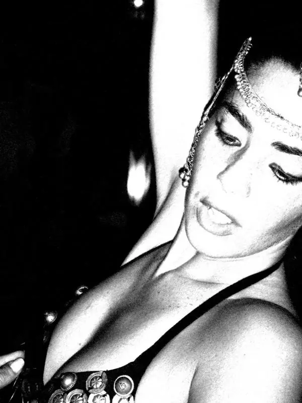 Black-and-white portrait of Ana with a jewelled head chain